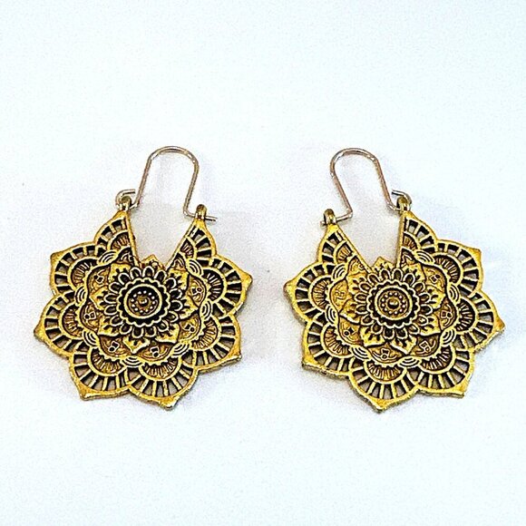 Mandala Inspired Boho Floral Gold Earrings With Intricate Detailing - Picture 4 of 5